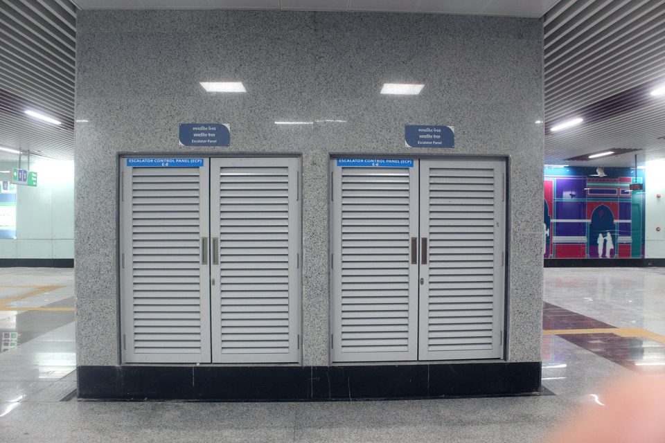 Where a ceiling meets louvered service doors, the junction is set out at drawing stage rather than cut on site.