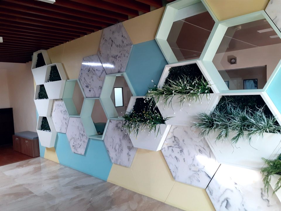Hexagonal display wall units with integrated planters