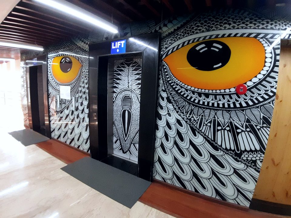 Illustrated wall finishes along a public corridor, specified for cleaning and heavy footfall.